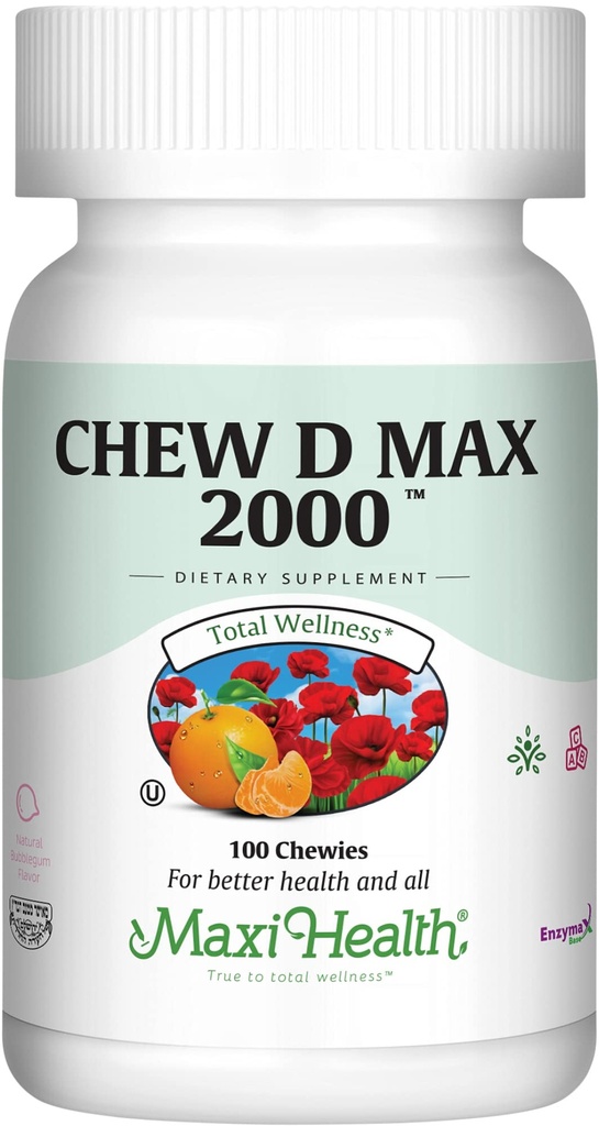 Maxi 건강 Chewable 비타민 D3 2000 IU 보충교재 - 맛있은 자연적인 거품 껌 풍미 - 성인 여자, 남자, 아이들 & 유아에 있는 칼슘 흡수, 면역성 및 뼈 건강을 지원합니다 - 100개의 가슴