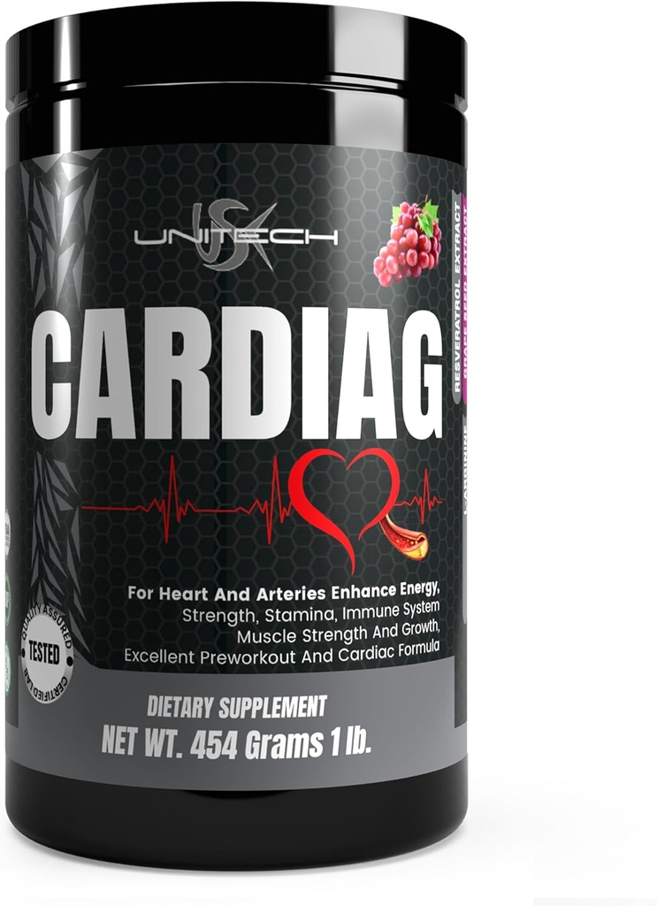 Unitech USK Cardiag 포도 분말 | L-Arginine, L-Citrulline, 포도씨 추출물, Resveratrol 및 Coenzyme Q10를 가진 자연적인 보충교재 | 포도 맛, 16 oz