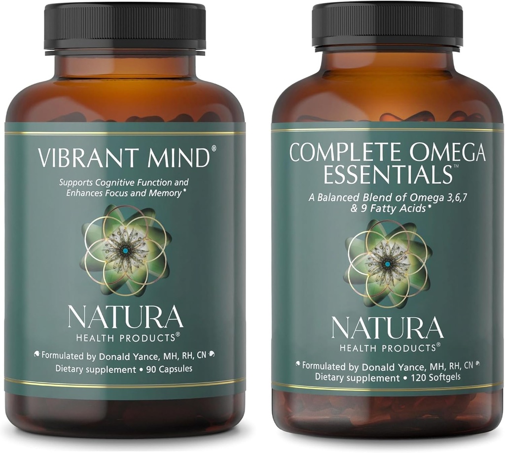 Natura Health Products Vibrant Mind와 Complete Omega Essentials 보충 번들 - 기억과 초점을위한 Nootropic Brain Supplement - 오메가 3, 6, 7 및 9 지방산의 균형 잡힌 혼합