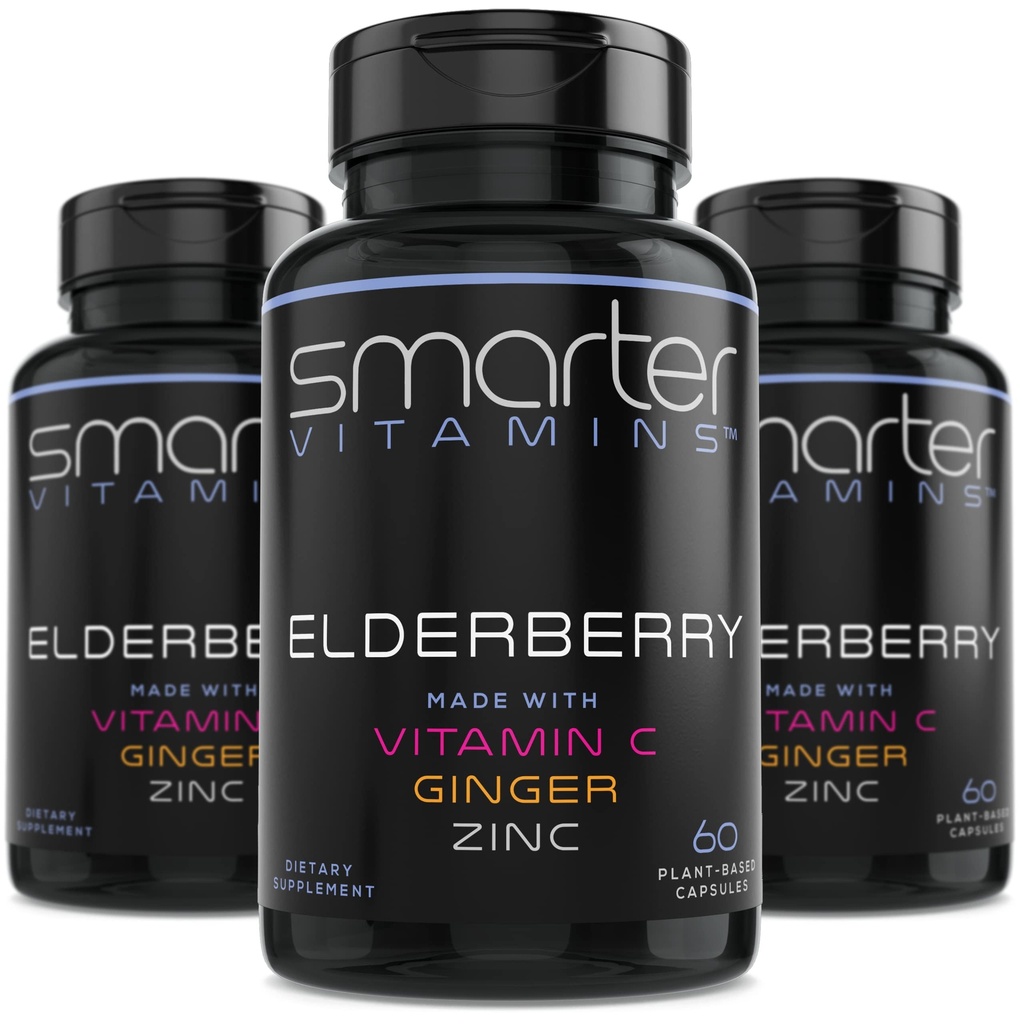 (3 팩) 더 똑똑한 Elderberry 캡슐 + 비타민 C + 생강 & 아연, 초본 보충교재, 강력한 까만 엘더 베리 추출물 산화 방지제 비타민, 180 Vegan 알약