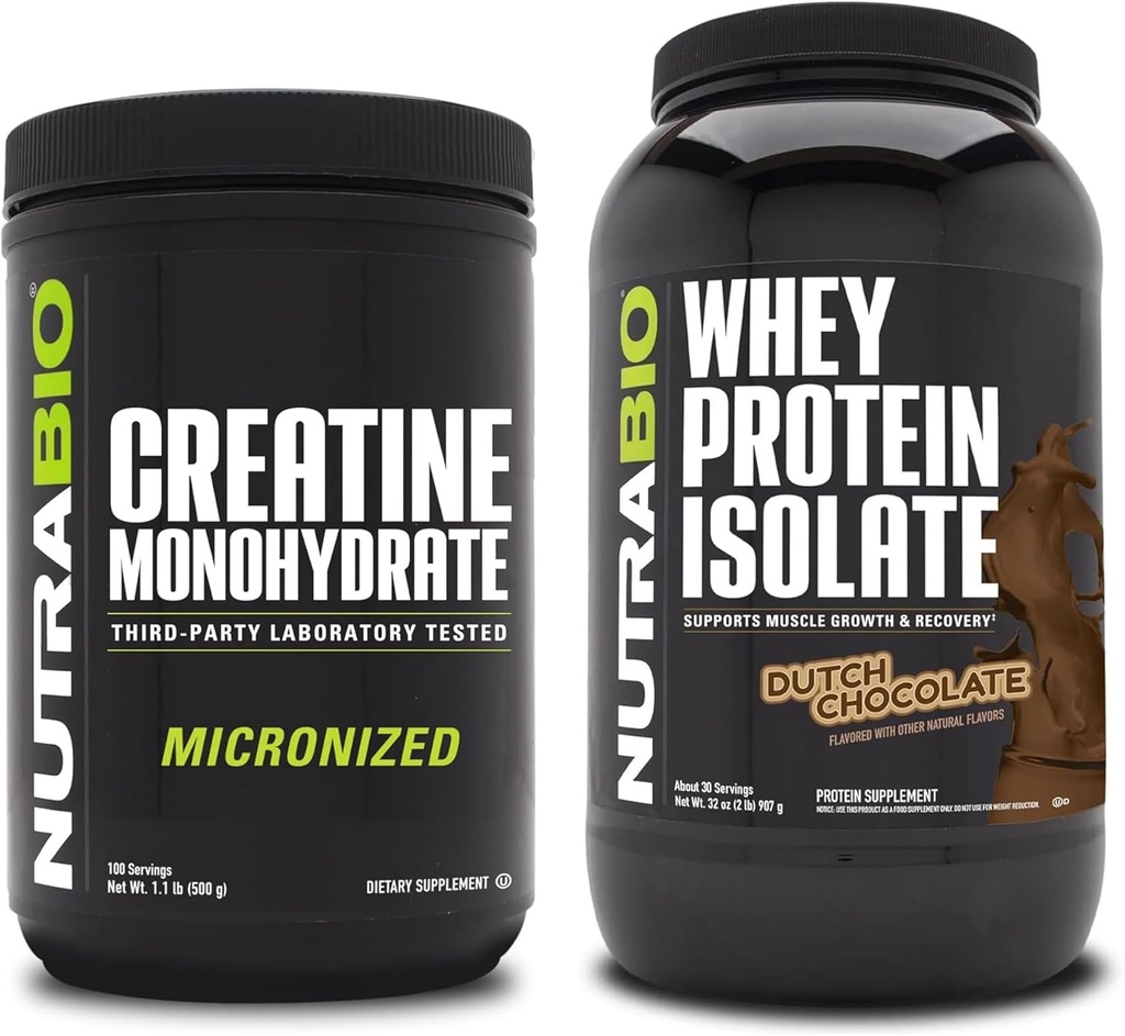 NutraBio Creatine Monohydrate, Unflavored, 500g 및 Whey Protein Isolate, 네덜란드 초콜릿, 보충 번들 - 근육 에너지, Lean 근육 성장, 회복 및 힘