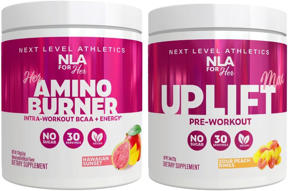 NLA for Her Pre/Intra Workout Stack (Her Thermogenic Amino Hawaiian Sunset 및 Uplift Max Pre Workout Sour Peach Ring 포함)