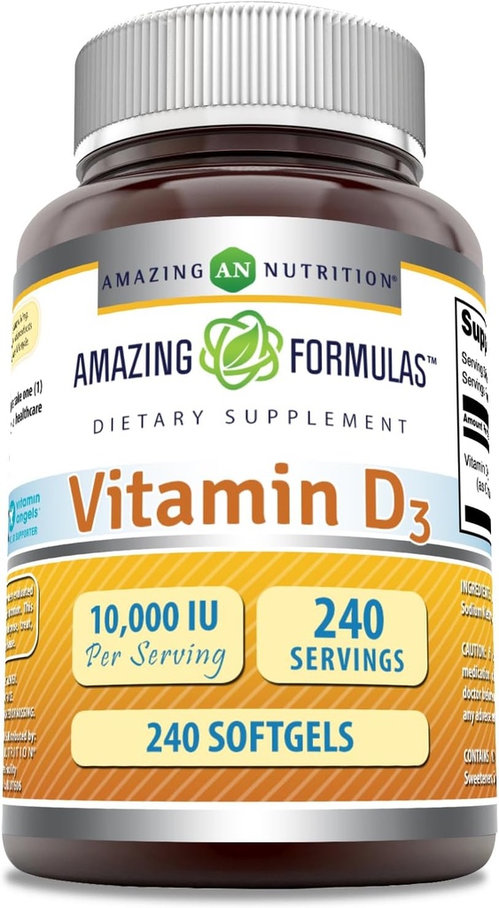 Amazing Formulas 비타민 D3 (콜레컬시페롤) 보충 | 10,000 IU | 240 Softgels | Non-GMO | 글루텐 프리 | 미국