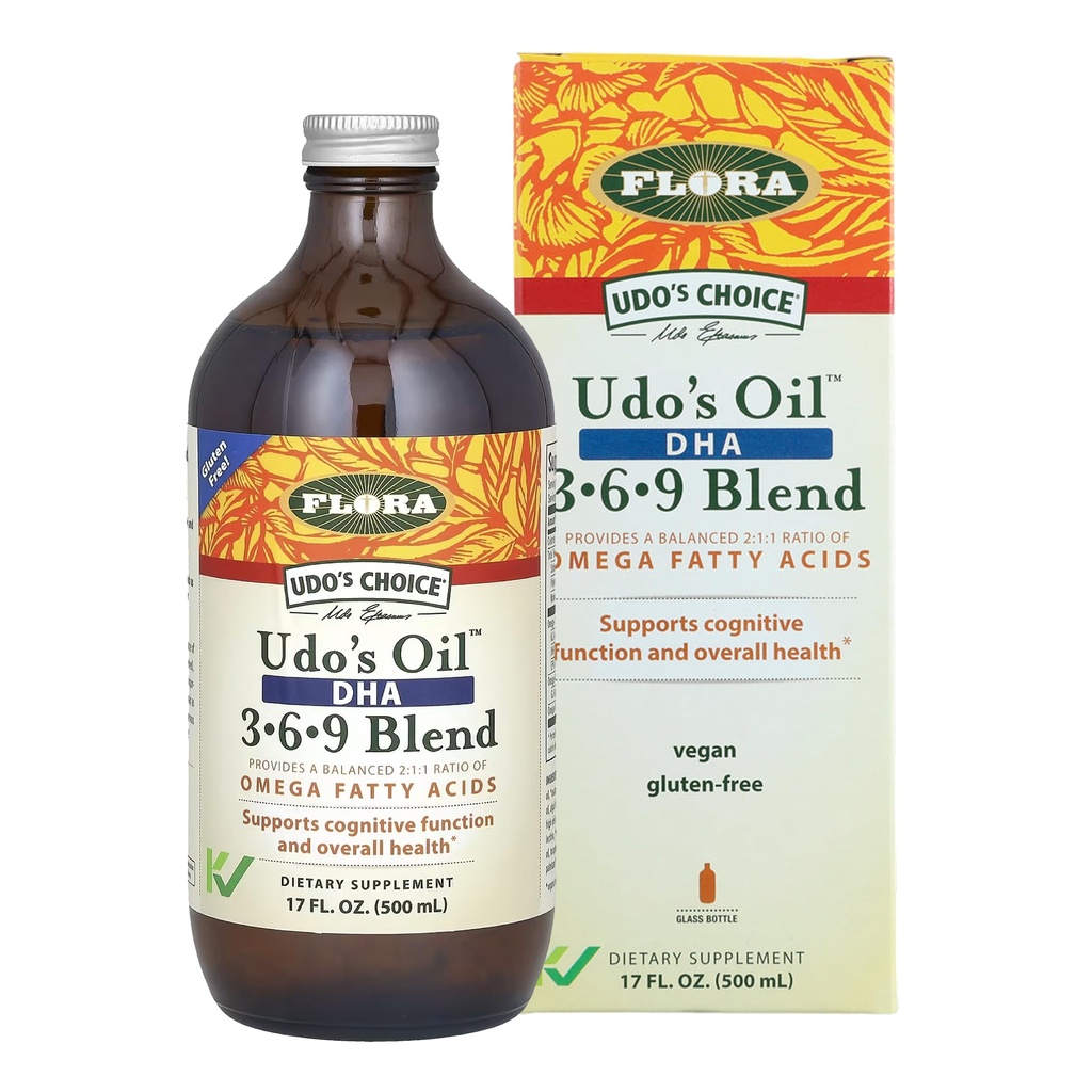 Flora - Udo's Oil DHA 3-6-9 Blend - 채식 눈 & 두뇌 건강 보충 - 오메가-3 & 오메가-6 - Sunflower & Flax Seed Oil - Kosher & Organic - Chilled 유지 - 17 fl. oz.