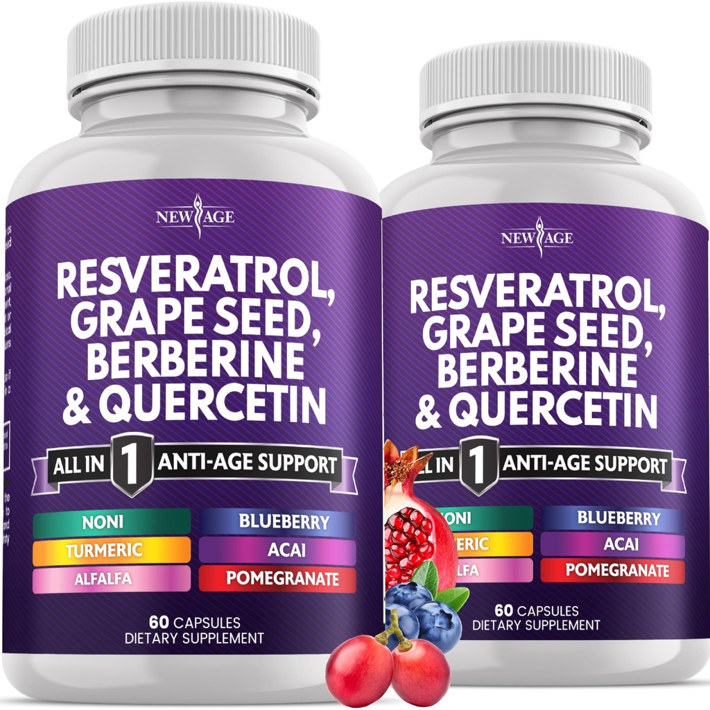 NEW AGE Resveratrol, Berberine, 포도 씨앗 추출물, Quercetin, Noni 추출물, N-Acetyl Cysteine, Acai 추출물이있는 여성과 남성을위한 폴리 페놀 보충 - 120 캡슐