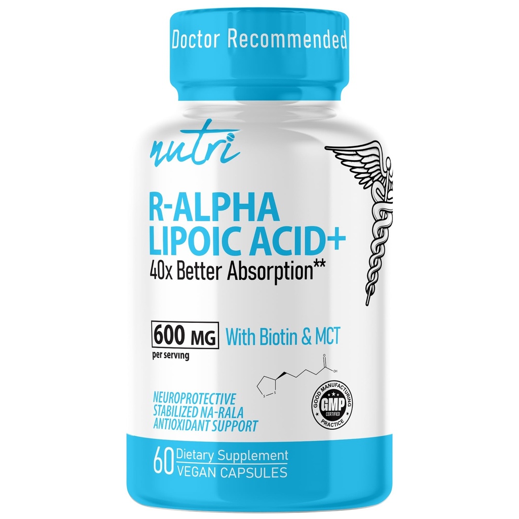 Nutri R 알파 Lipoic Acid 600mg 캡슐 - Biotin로 안정화 된 R Lipoic Acid - R-ALA의 활성 형태 - 600 mg의 임상 복용량 - 강력한 셀룰러 에너지 지원 - 60 Vegan 캡슐 - RALA