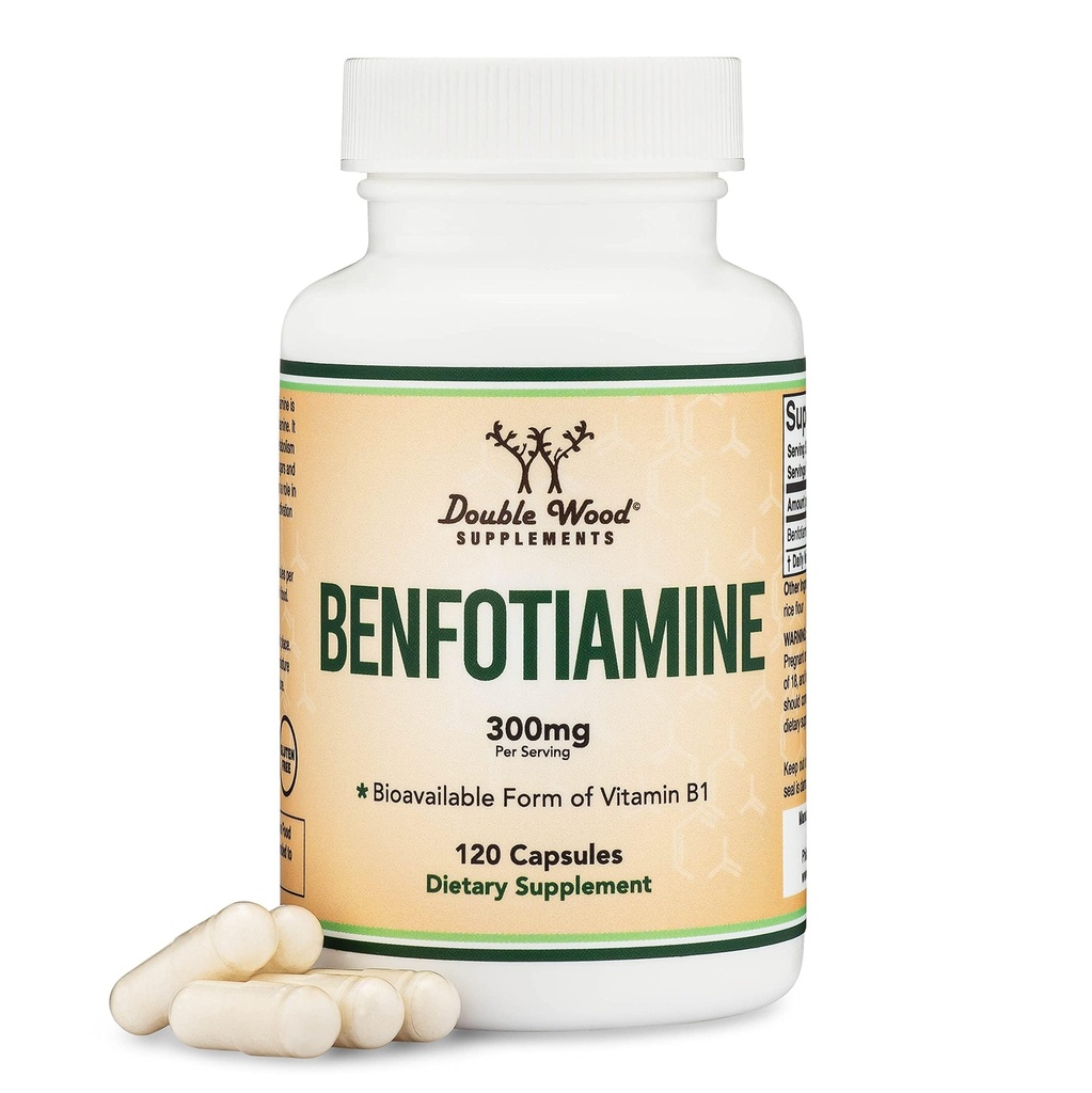 Benfotiamine 300mg 서빙 (Third Party Tested, 120 캡슐, 150mg Per Cap) Non-GMO, Boost Thiamine B1 레벨 (Thamine, Fat Soluble보다 더 흡수 가능) 더블 우드