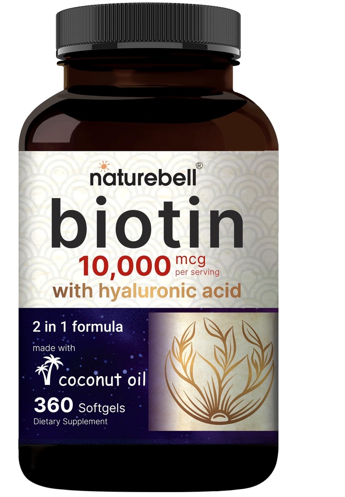 NatureBell Biotin 10000mcg + 히알루 론산 25mg | 360 코코넛 오일 소프트젤, 헤어 스킨과 손톱에 대한 프리미엄 바이오틴 보충
