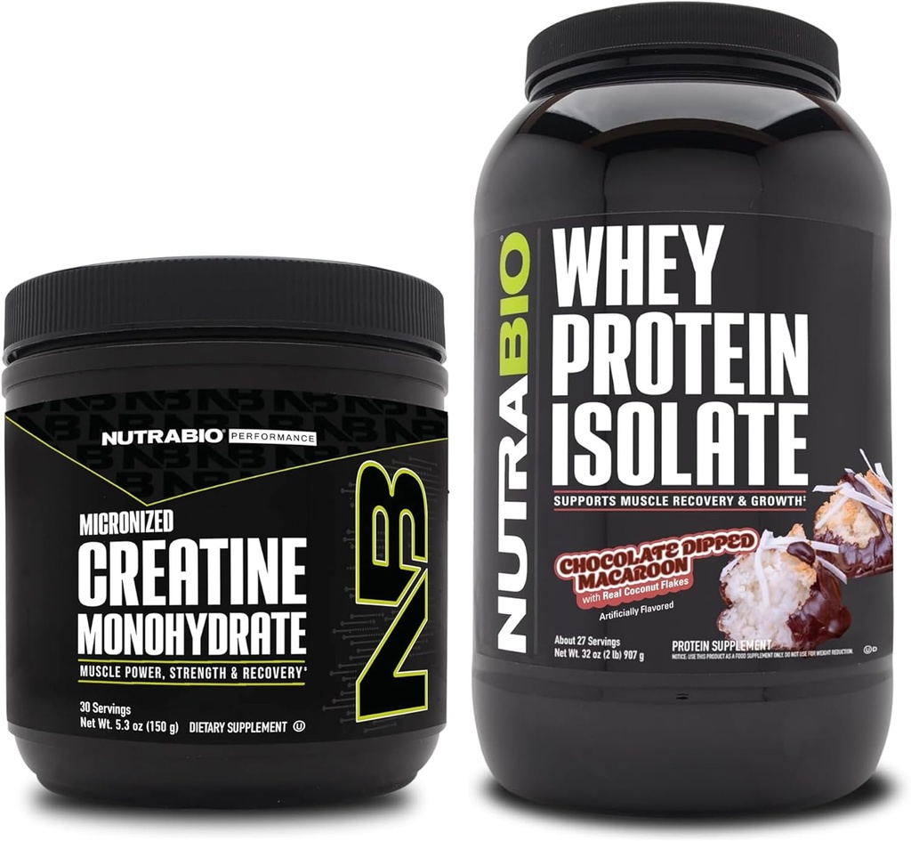 NutraBio Creatine Monohydrate, Unflavored, 150g 및 Whey Protein Isolate, 초콜릿 Dipped Macaroon, 보충 번들 - 근육 에너지, Lean 근육 성장, 회복 및 힘