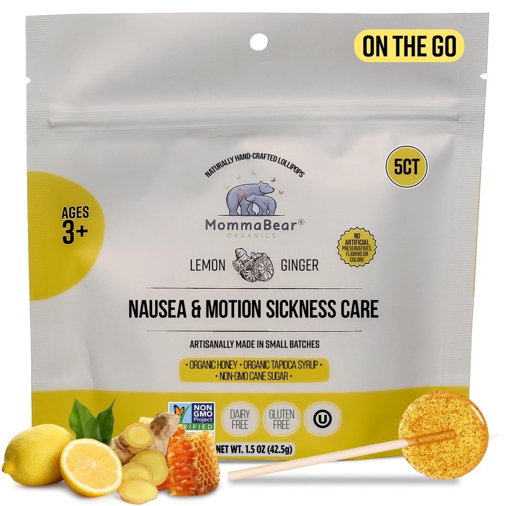 MommaBear Nausea & Motion Sickness Lollipops - Nausea를위한 비 GMO 레몬 & Ginger Candy - 아동을위한 유기농 롤리팝 3+ & 임신 여성 - Alleviate Queasiness - Kids Travel Essential (5 팩)