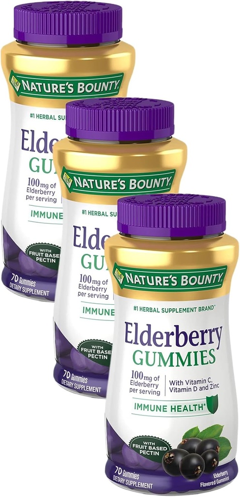 Nature's Bounty Elderberry Gummies, 규정식 보충교재, 지원 면역력, 비타민 A, C, D, E 및 아연, 100 mg, 70 Gummies (포장 3)를 포함합니다
