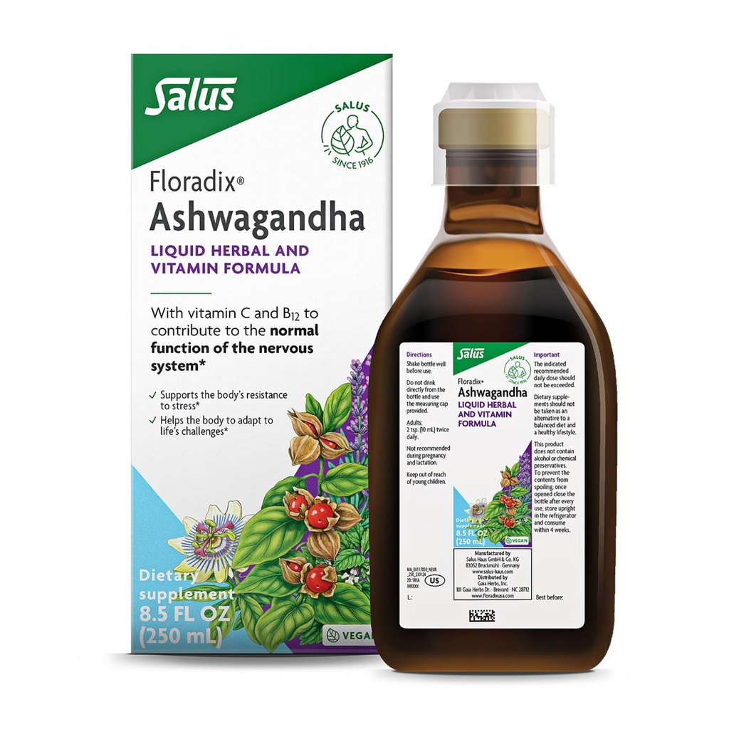 Floradix Ashwagandha 액체 초본 & 비타민 공식 - Ashwagandha 추출물, 비타민 C, B12 및 더 많은 - 스트레스 지원을위한 - 소화기 - Vegan & Non-GMO - 8.5 fl oz