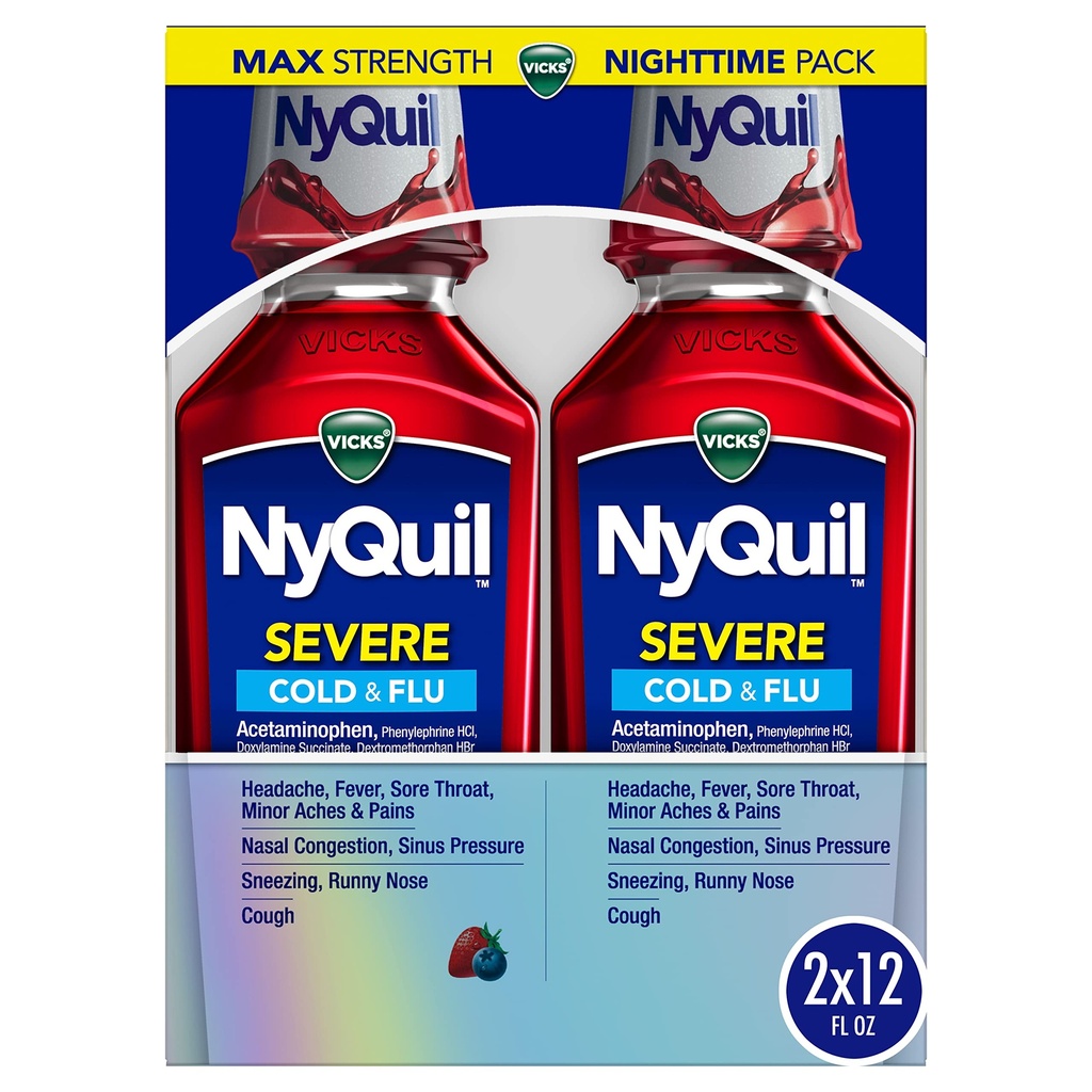 Vicks NyQuil SEVERE Cold, Flu, Congestion Medicine, 2x12 fl oz Twin Pack, Berry flavor, 최대 강도, 야간 구호