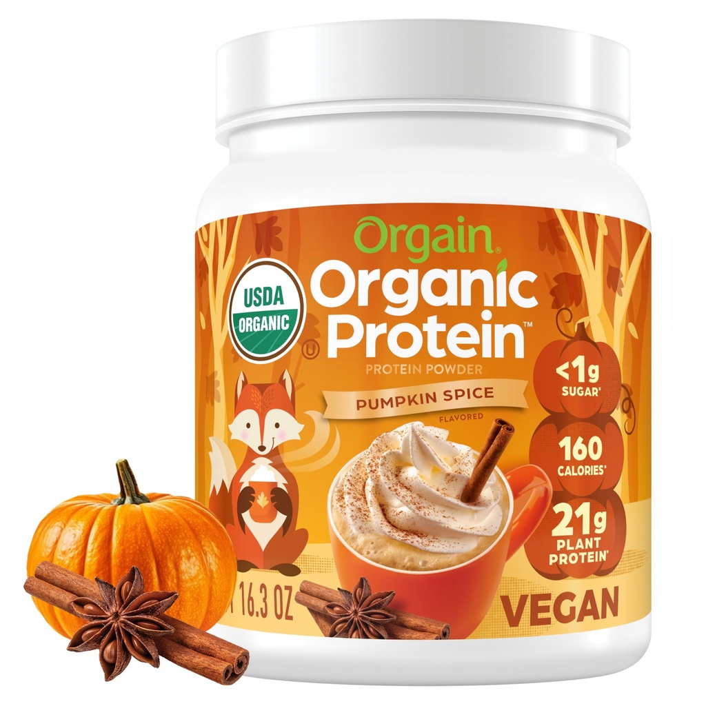 Orgain 유기 채식 단백질 분말, 호박 향미료 계절 풍미 - 식물 단백질의 21g, 5g Prebiotic 섬유, 락토스 성분 없음, 추가 설탕 없음, 비 GMO, 쉐이크 및 스무디, 1.02 lb