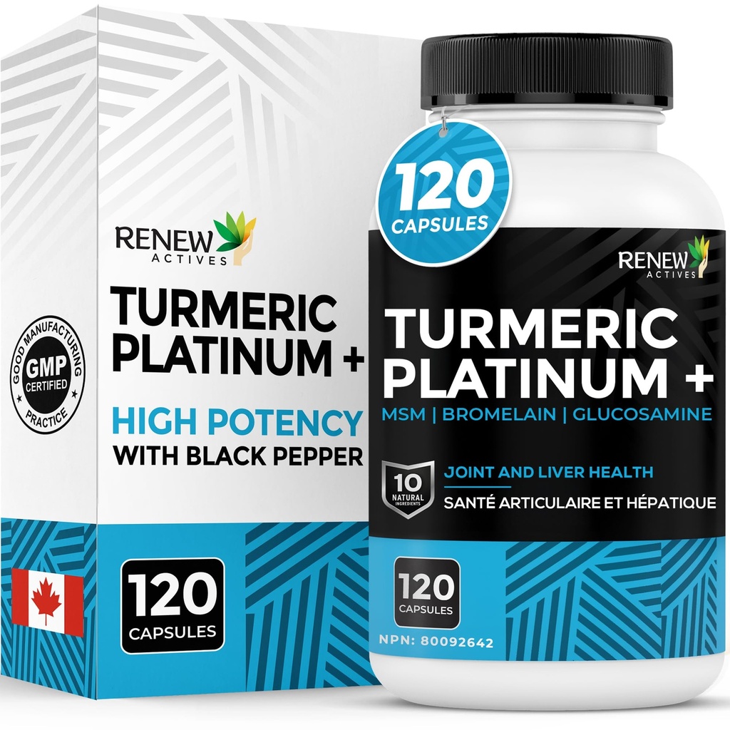 Renew Actives Turmeric Platinum 1350MG per 3 캡슐 블랙 페퍼 & Ginger – 산화 방지제, Liver & 소화 지원 – 염증 감소 & 부스트 면역 – 캐나다에서 만든 – 120 캡슐