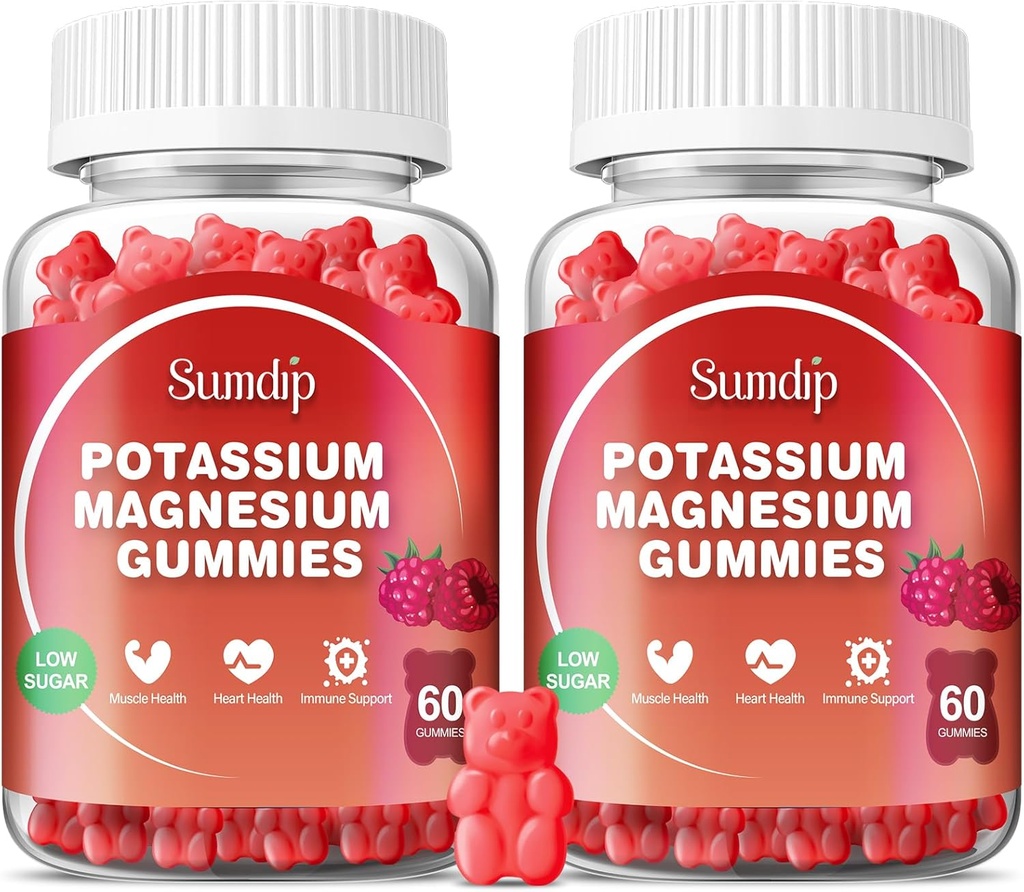 마그네슘 칼륨 Gummies, 근육 및 심장 건강, 다리 크림 및 수면, 칼륨 보충제 Vegan Gummy Non-GMO 글루텐 무료 60 Gummies-2 팩, 라즈베리