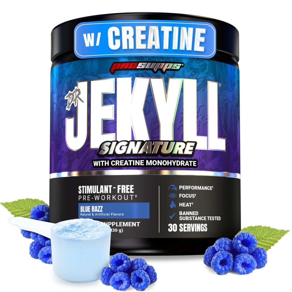 PROSUPPS Dr. Jekyll Signature Pre Workout Powder with Creatine - Stim-Free Preworkout Supports Focus & Endurance - 카페인 무료 체육관 및 피트니스 보충제 (블루베리 레몬, 30 서빙)
