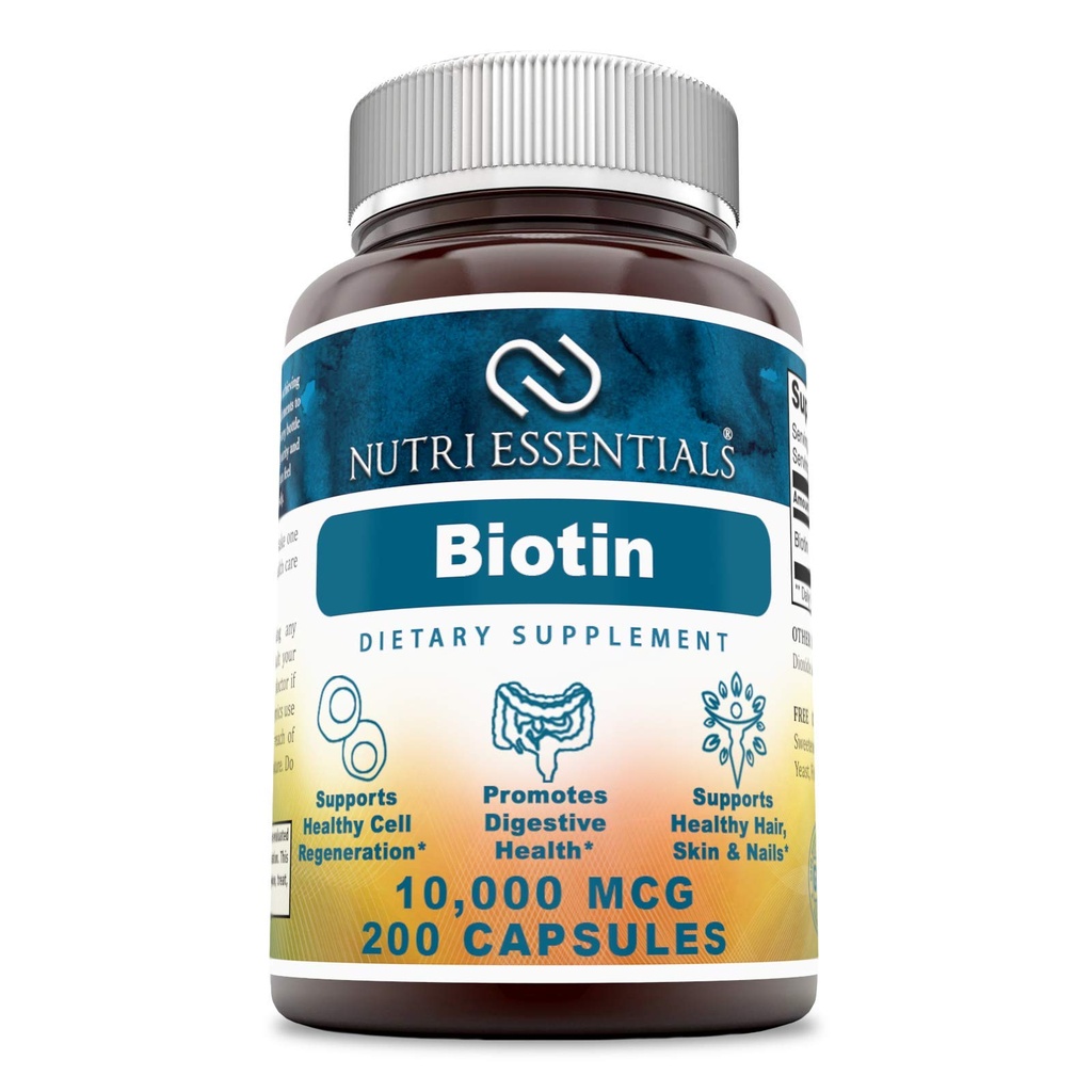 Biotin 10,000 Mcg 200 캡슐 (Non-GMO)- 건강한 모발, 피부 및 손톱 지원 - 세포 회춘 및 에너지 생산*