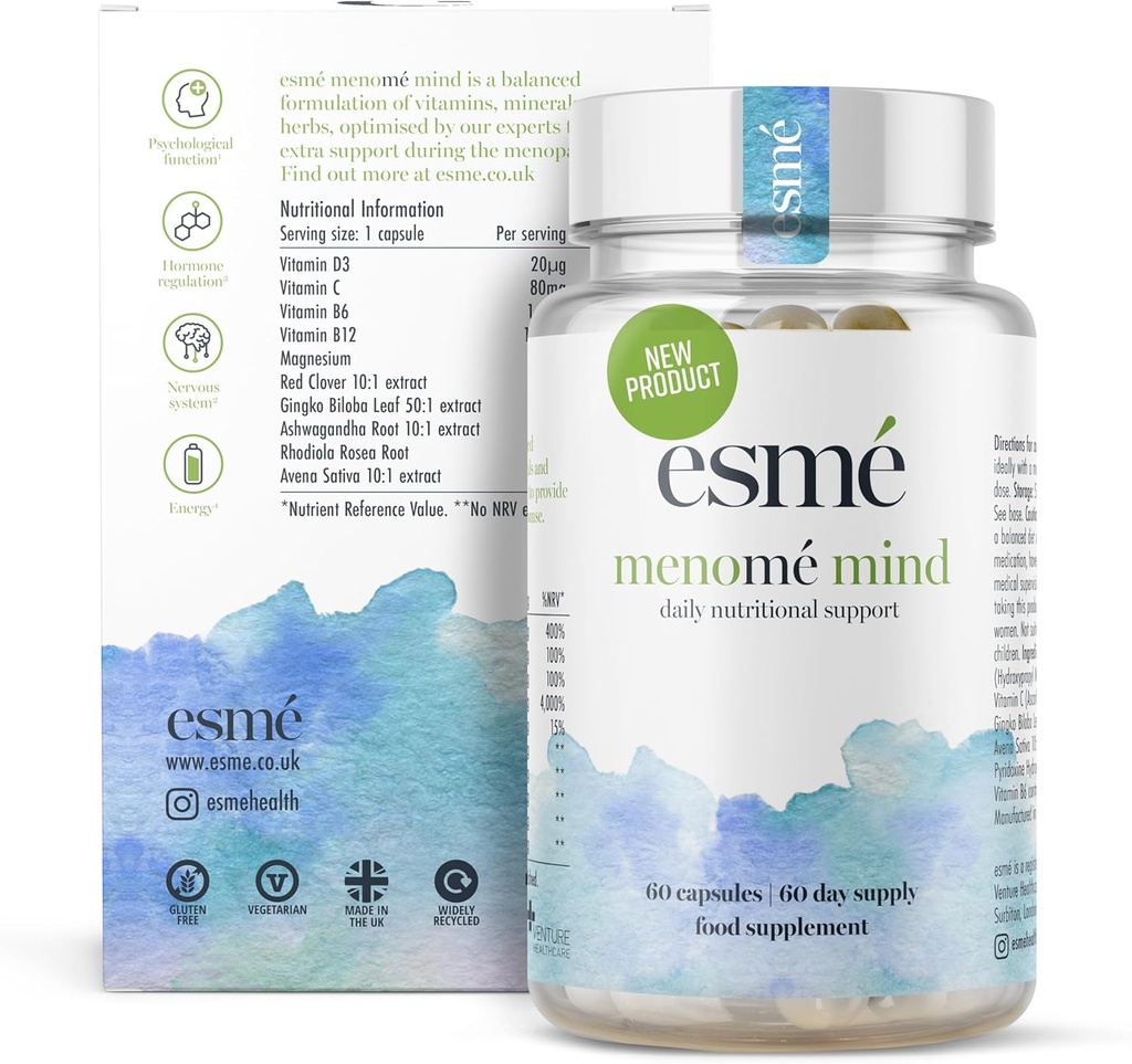 esmé menomé Mind - 매일 영양 지원 전에, 멘토 후 - 60 캡슐의 2 개월 공급, ashwagandha 및 Gingko biloba 포함