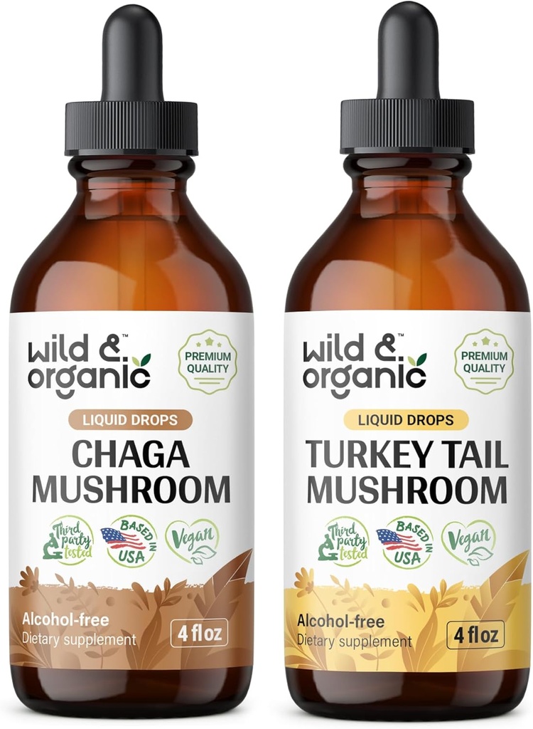 야생 & 유기 Chaga 버섯 Tincture 4 fl oz & 터키 꼬리 버섯 Tincture 4 fl oz