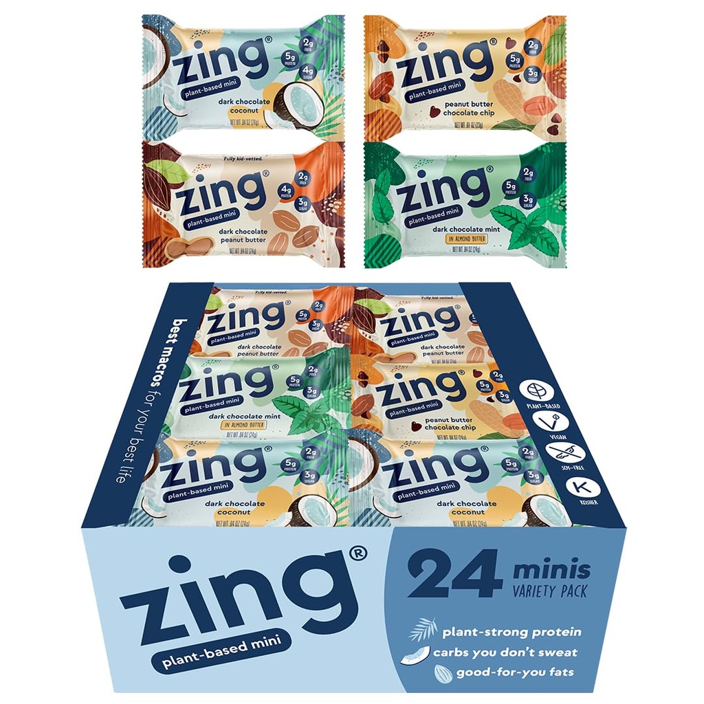 Zing Kids Protein Bars Variety Pack, Gluten Free 100 Calorie Mini Bars with High Protein, Vegan Nutrition Bar, Dairy Free Plant 기반 Protein - 24 개