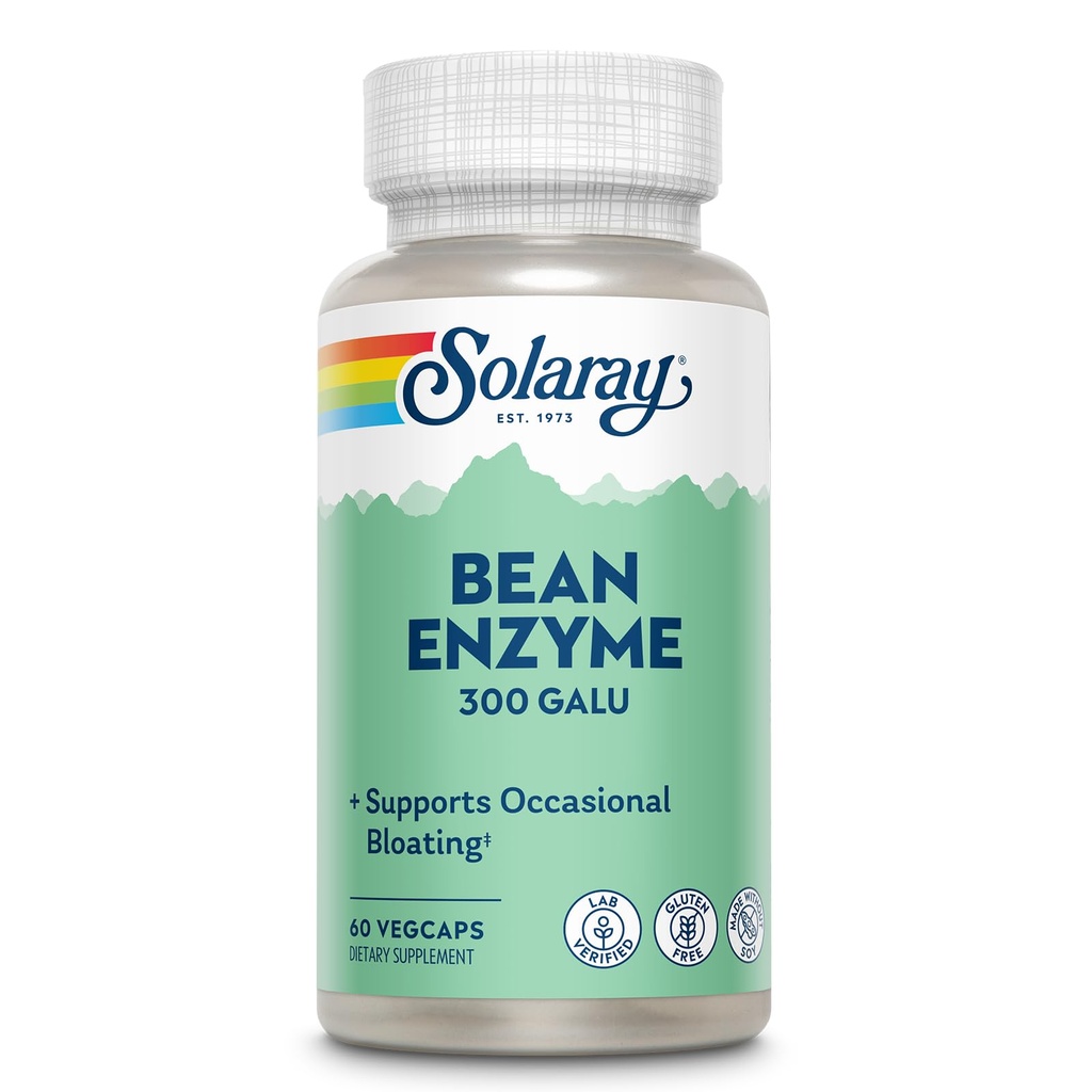 SOLARAY Bean Enzyme 300 GalU - 여성과 남성을위한 Alpha Galactosidase 소화 효소 - 소화 건강 보충 - 성인을위한 Occasional Bloating 및 가스 완화 지원 - 60 서빙, 60 VegCaps