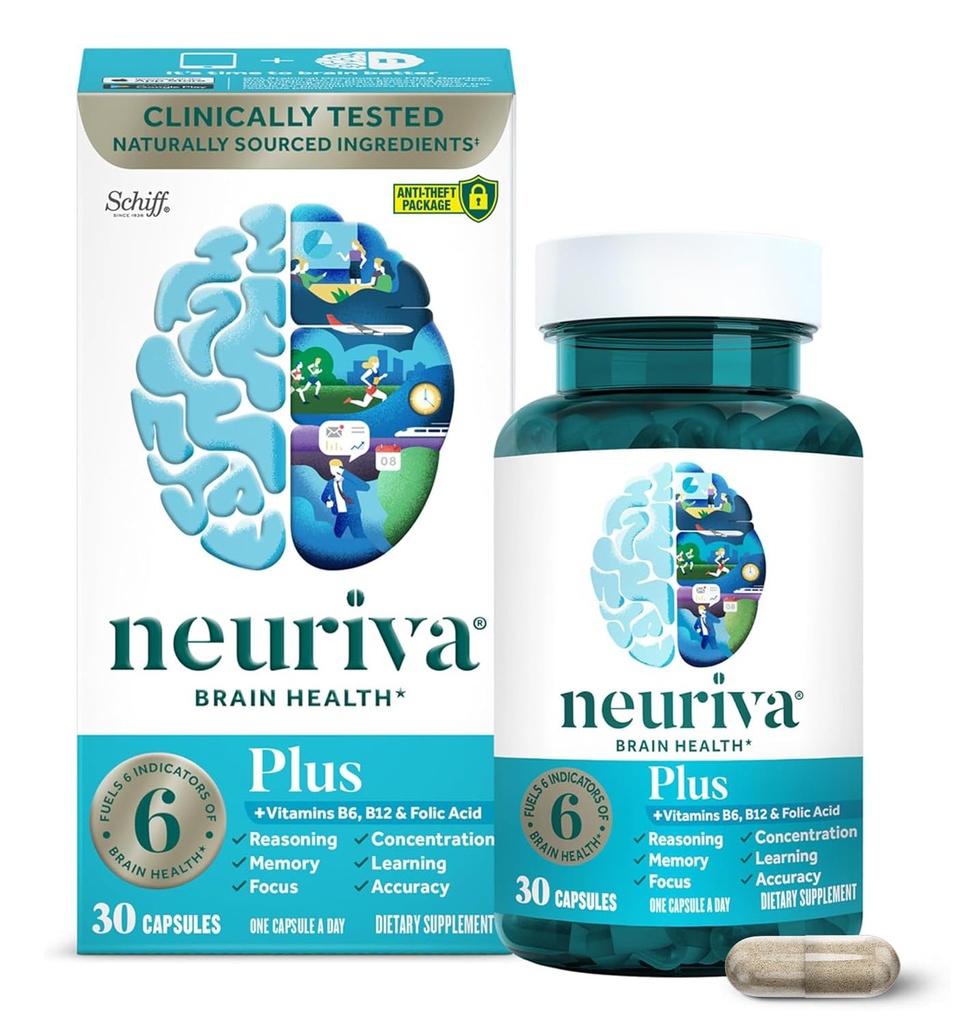 NEURIVA Plus Memory, Focus & Concentration + Cognitive Function with Clinically Tested Nootropics Phosphatidylserine and Neurofactor, 비타민 B6 & B12, 30 카운트 캡슐