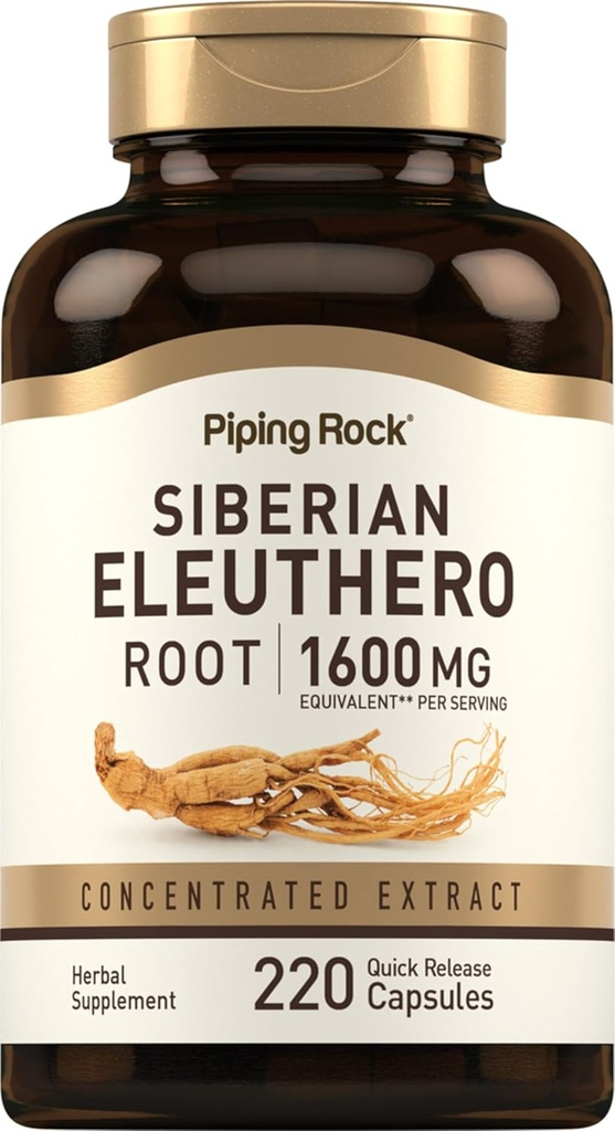 Piping Rock Siberian Eleuthero Root Capsules 1600mg | 220 Count | 농축 허브 추출물 | Non-GMO, 글루텐 무료 보충