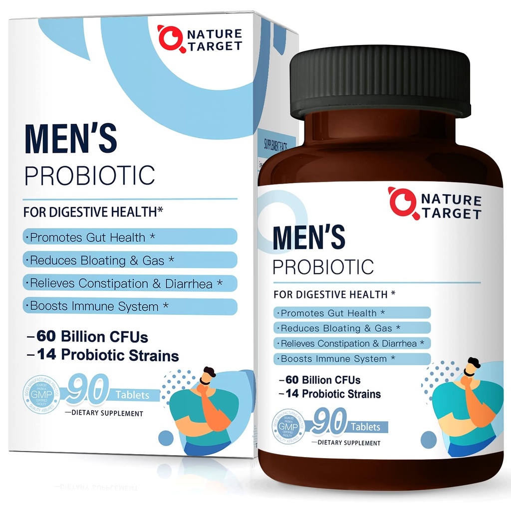 남성 관리 보충교재, 남자의 소화 및 면역 건강을 위한 Prebiotics & Probiotics를 가진 남자를 위한 NATURE TARGET Probiotics, 60억 CFUs & 14 Strains 선반 안정, 글루텐 & Soy 자유로운 (90의 정제)