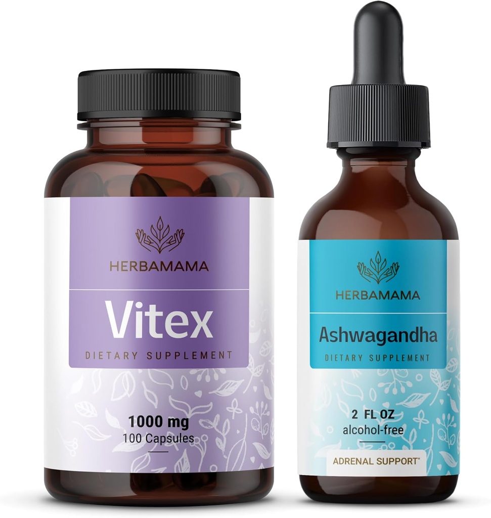 HERBAMA Vitex 및 Ashwagandha 키트 - 1000 mg Vitex Chasteberry 캡슐 및 Ashwagandha 액체 드롭 2 fl oz - Vegan, Non-GMO, Sugar & Alcohol-Free - 2 Pack의 번들