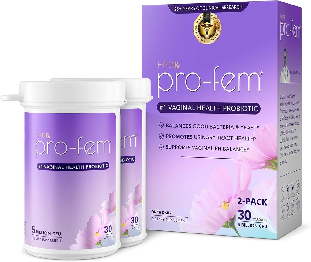 HPD Rx Pro-Fem #1 Vaginal Health Probiotic | Vaginal Probiotics | 효모 및 PH 밸런스를 촉진하는 임상 입증 | 페미니인 프로바이오틱스 | 7일 근무 | 30 캡슐 | 2Pack