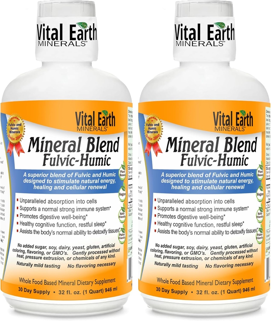 Vital Earth Minerals Fulvic Humic Mineral Blend Liquid 2-Pack - 70 + Trace Minerals, Electrolytes for Recovery, Balance & Energy, 32 Oz Ea + 1 Oz Cup Ea와 Fulvic Acid 보충