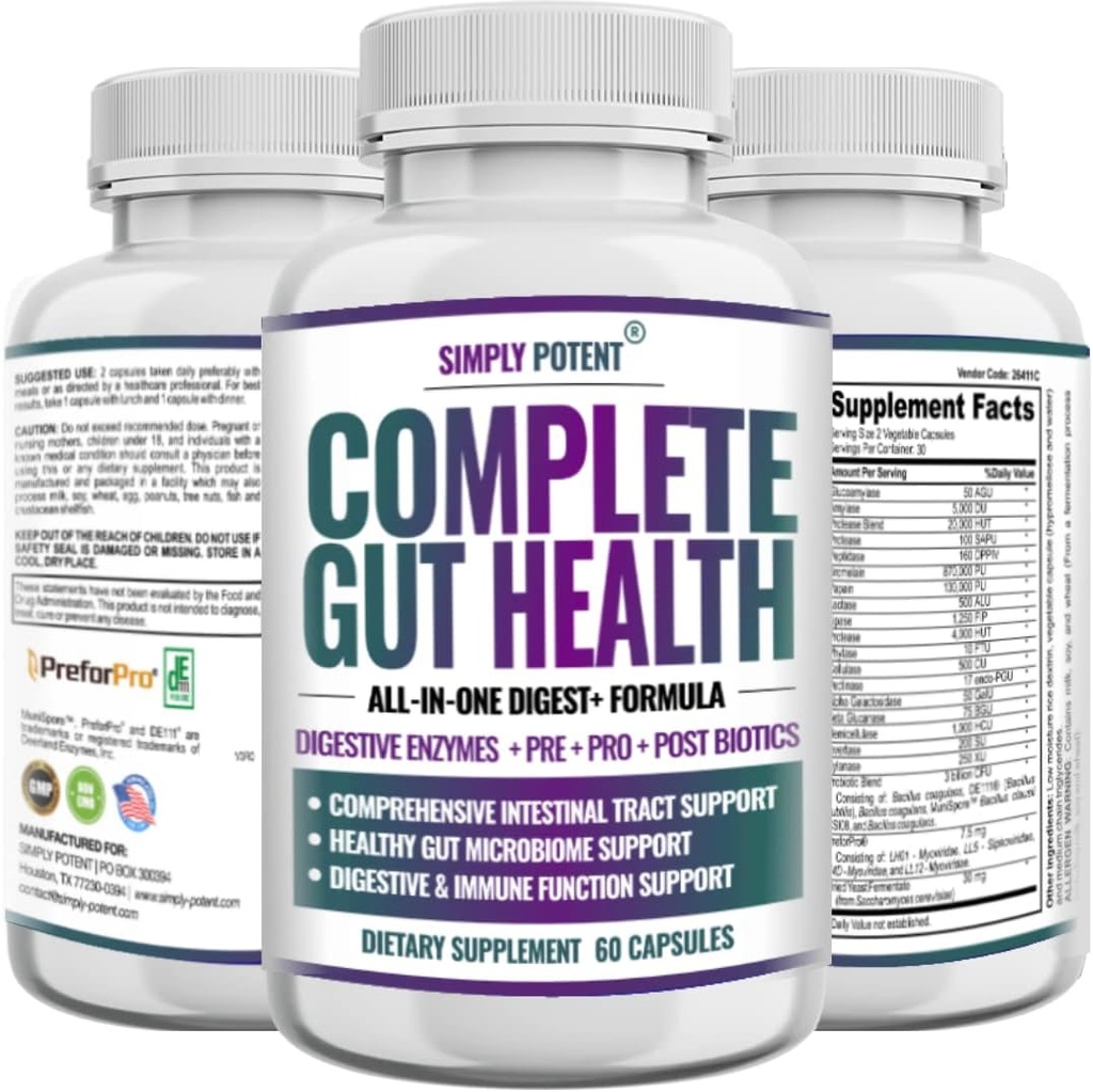 완전한 Gut 건강, 소화 효소 플러스 Prebiotic, Probiotic & 포스트 생식기 위장 지원, 지원 Gut 건강 & 면역 기능, 60 캡슐