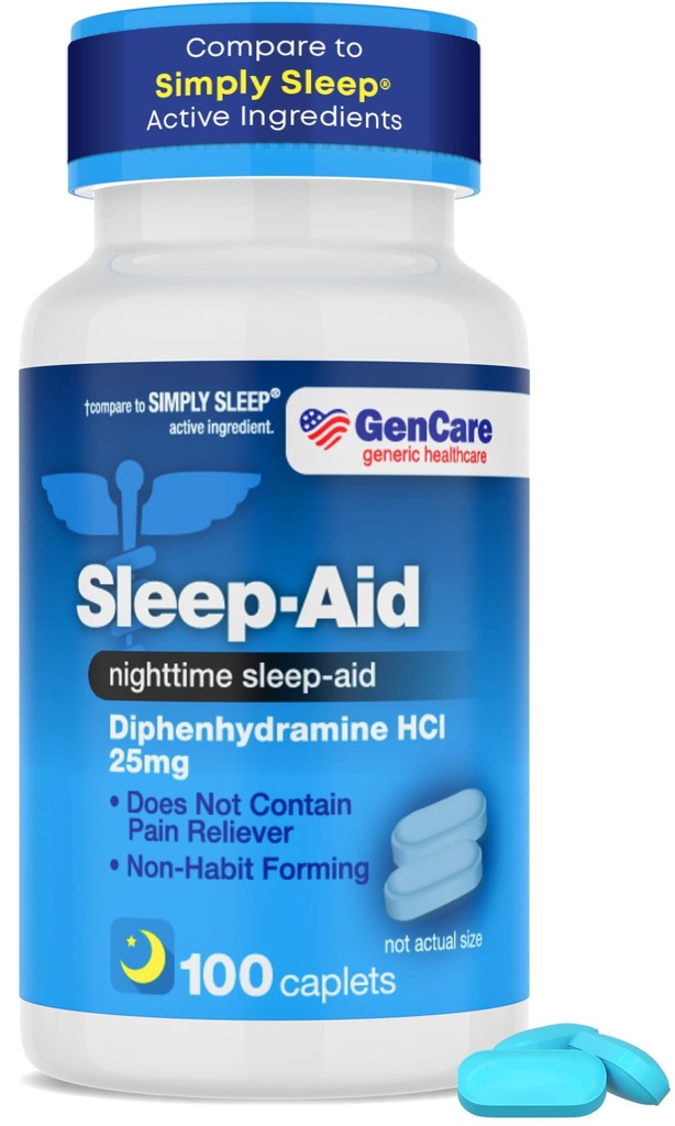 GenCare - 수면 보조 Diphenhydramine HCL 25mg 블루 캡 (100 모자) - 성인을위한 야간 수면 알약을 형성하는 비 하빗은 잠 잠 잠 잠을 통해 & 수면 심미 - 수면 보조
