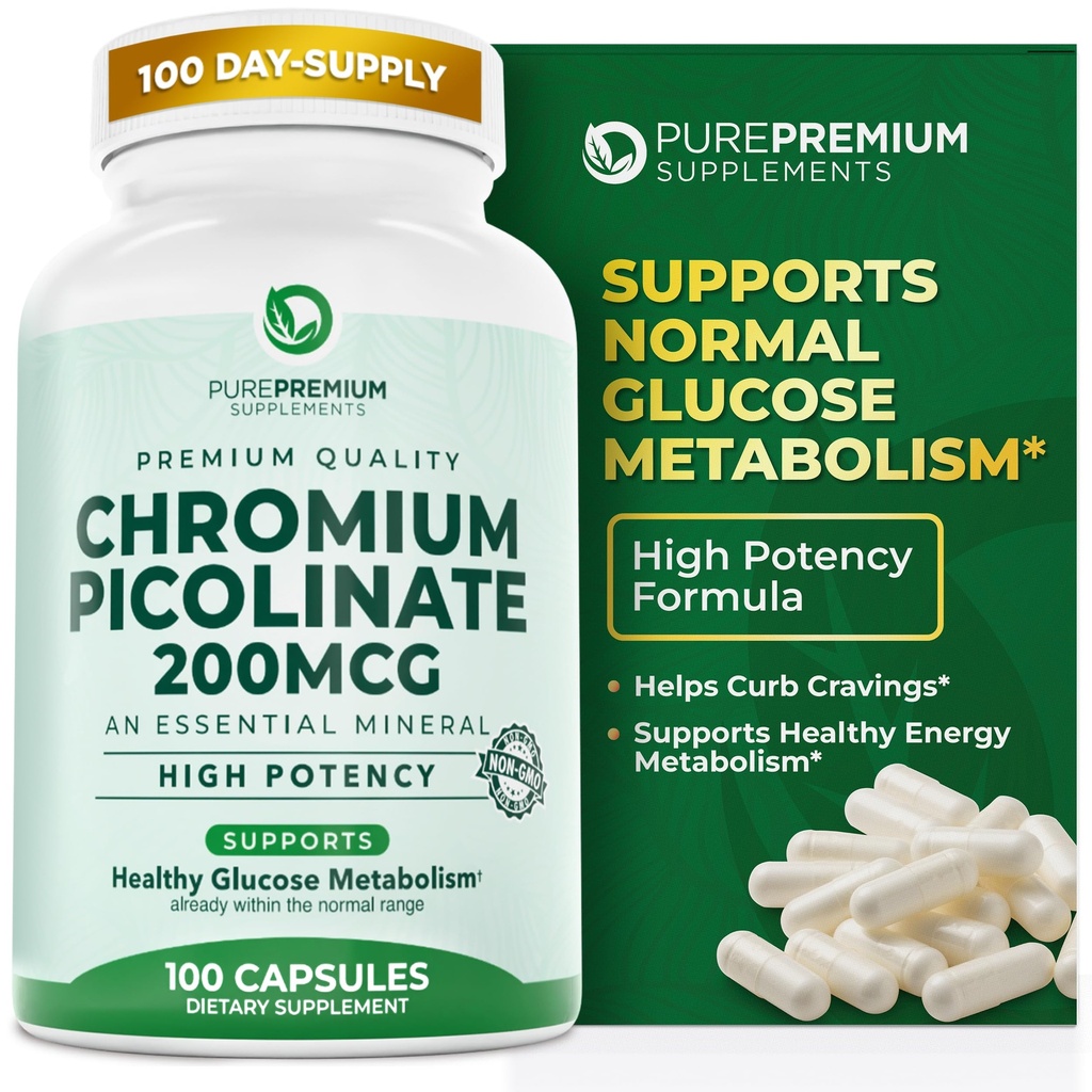 PurePremium Chromium Picolinate 200mcg - 높은 Potency Chromium 보충제 - 남성 / 여성을위한 필수 미네랄 건강 지원 - 글루텐 - 무료 - 3 개월 공급 - 100 캡슐