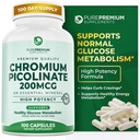 PurePremium Chromium Picolinate 200mcg - 높은 Potency Chromium 보충제 - 남성 / 여성을위한 필수 미네랄 건강 지원 - 글루텐 - 무료 - 3 개월 공급 - 100 캡슐