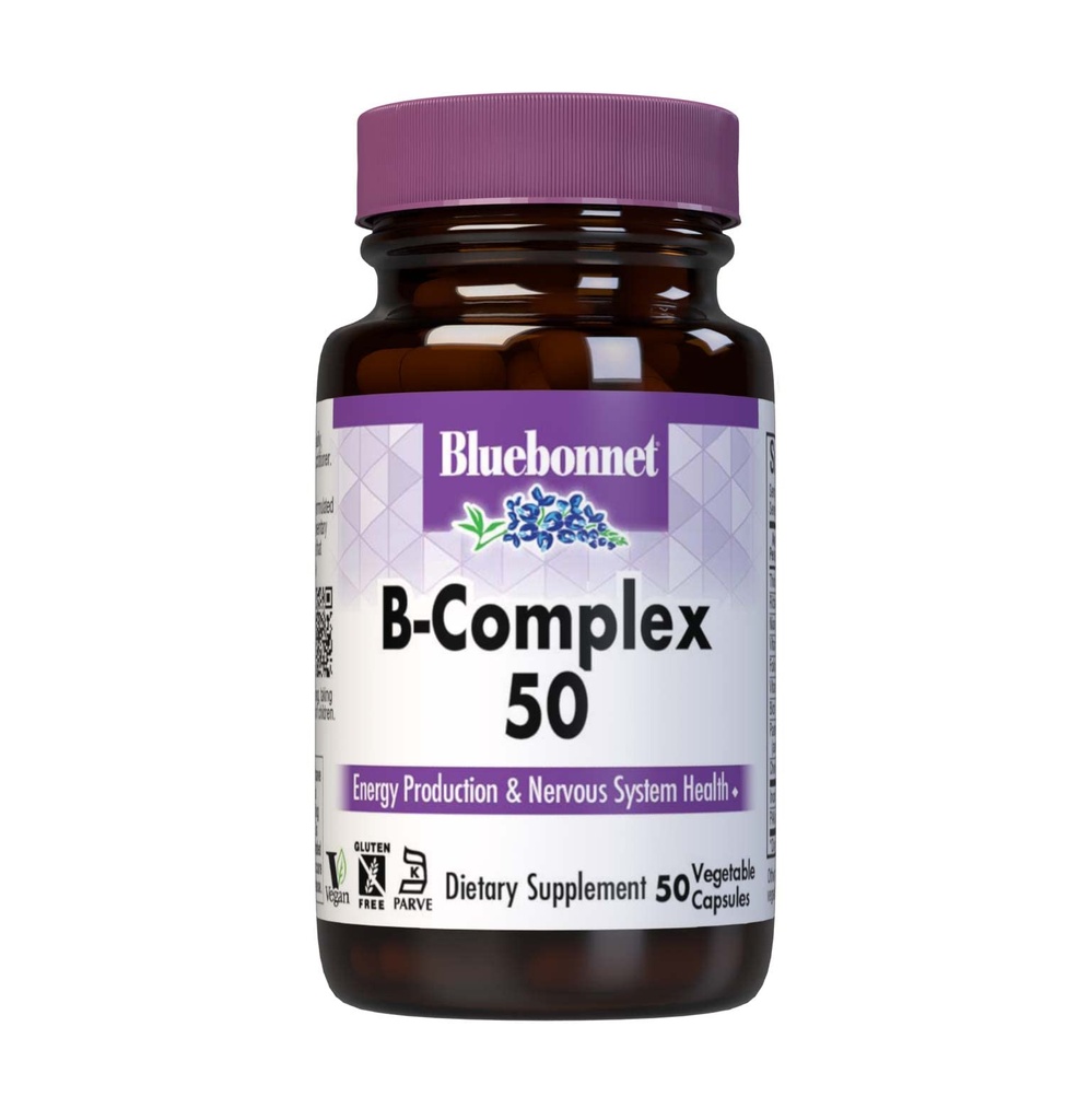 Bluebonnet Nutrition B Complex 50 식물성 캡슐, 전체 스펙트럼, 비타민 B6, B12, Biotin, Folate, Vegan, 채식, 글루텐 무료, 콩 무료, 우유 무료, 코셔, 50 야채 캡슐