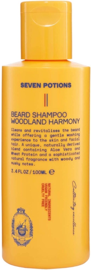 남성용 SEVEN POTIONS Beard 샴푸 — Gentle, Cleansing Wash for Clean, Itch-Free Beard — Natural, Vegan, Cruelty-Free — (우드랜드 하모니, 3.4 Fl Oz)