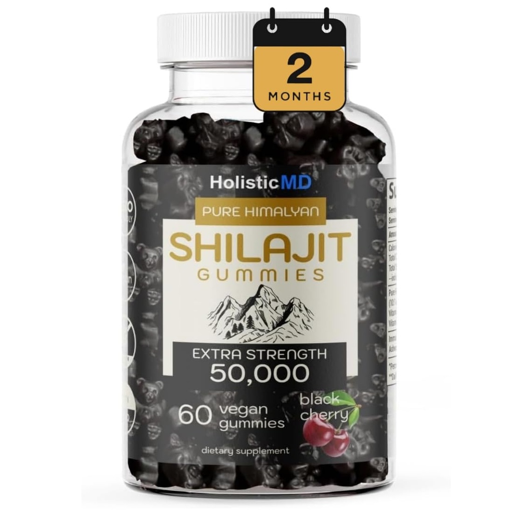 남성 여성을위한 Shilajit Gummies 순수한 Himalayian Extra Strenght 50,000 수지 Metabolism Support Ashwagandha Siberian Chaga | 2 개월 공급 Vegan Keto Friendly Cherry 60 Gummies
