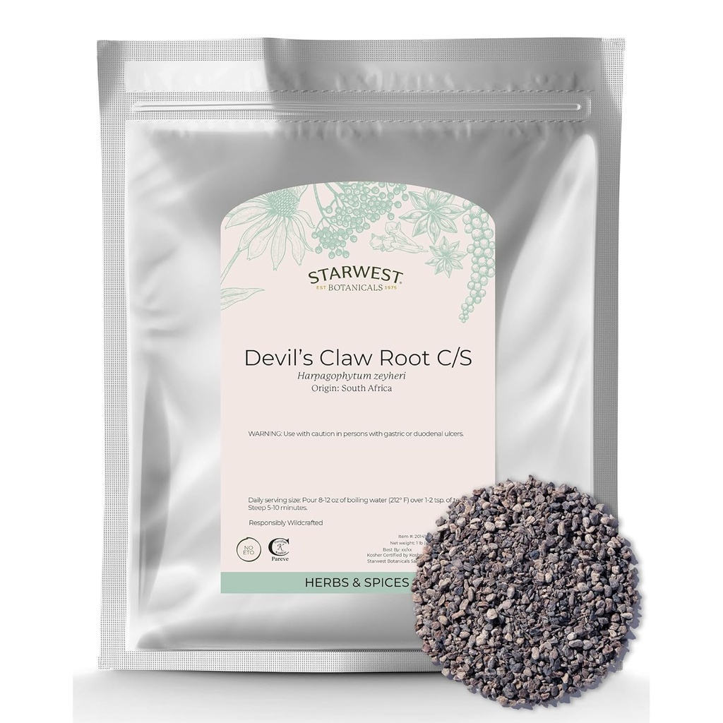 Starwest Botanicals Devil의 클로 뿌리 - 차 & 자연적인 초본 혼합, 순수한 Devil의 클로 뿌리, 커트 & Sifted, Wildcrafted, 증명된 Kosher를 위한 건조한 허브 - 대량 1 lb 부대