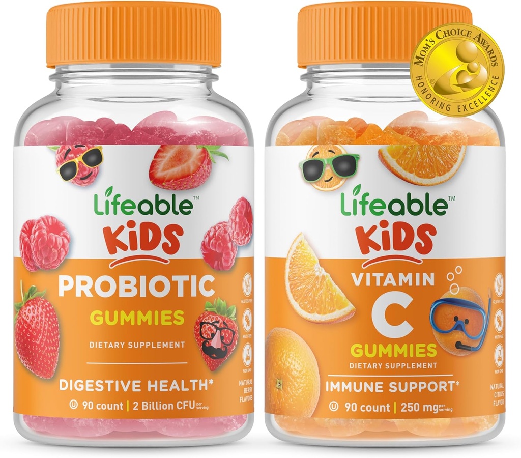 Lifeable Probiotic 2 억 CFU 키즈 + 비타민 C 어린이, Gummies 번들 - 훌륭한 타스팅, 비타민 보충, 글루텐 무료, GMO 무료, Chewable Gummy