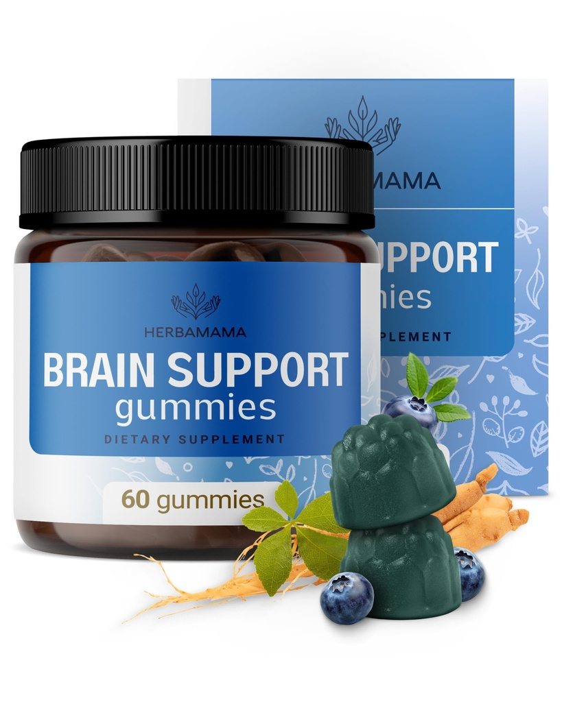 HERBAMAMA 두뇌 지원 Gummies - Ashwagandha, Bacopa Monnieri, 비타민 C & B12 - Vegan, Non-GMO Calming Gummies - 60 Pectin 기반 Blueberry-Flavored Chews