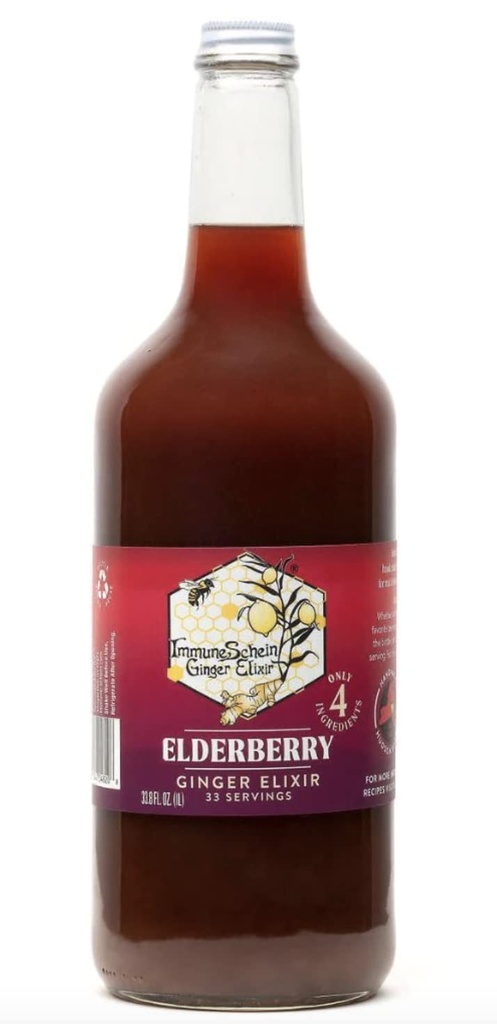 ImmuneSchein Elderberry Ginger Elixir Shot - 유일한 4 실제 식품 성분, 물 없음, Vinegar 또는 보존제 : 유기 생강 뿌리 및 Elderberry (33.8 fl oz, 1 팩)에서 수공