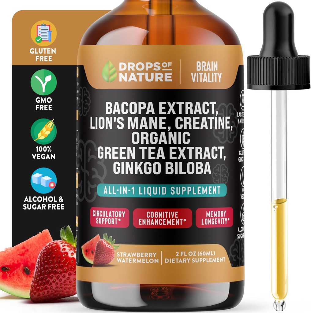 사자 Mane, Green Tea & Ginkgo Biloba와 Creatine & Bacopa 액체 드롭 - Gummies & 알약보다 빠른 흡수 - 향상된 Focus & Cognition을위한 Vegan Supplement (Strawberry Watermelon, 60mL)