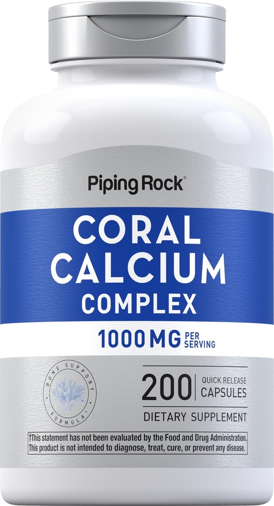 피핑 락 산호 칼슘 1000 mg | 200 캡슐 | 비타민 D, C, 마그네슘이 있는 뼈형 복합체 | Non-GMO, 글루텐 프리 보충교재