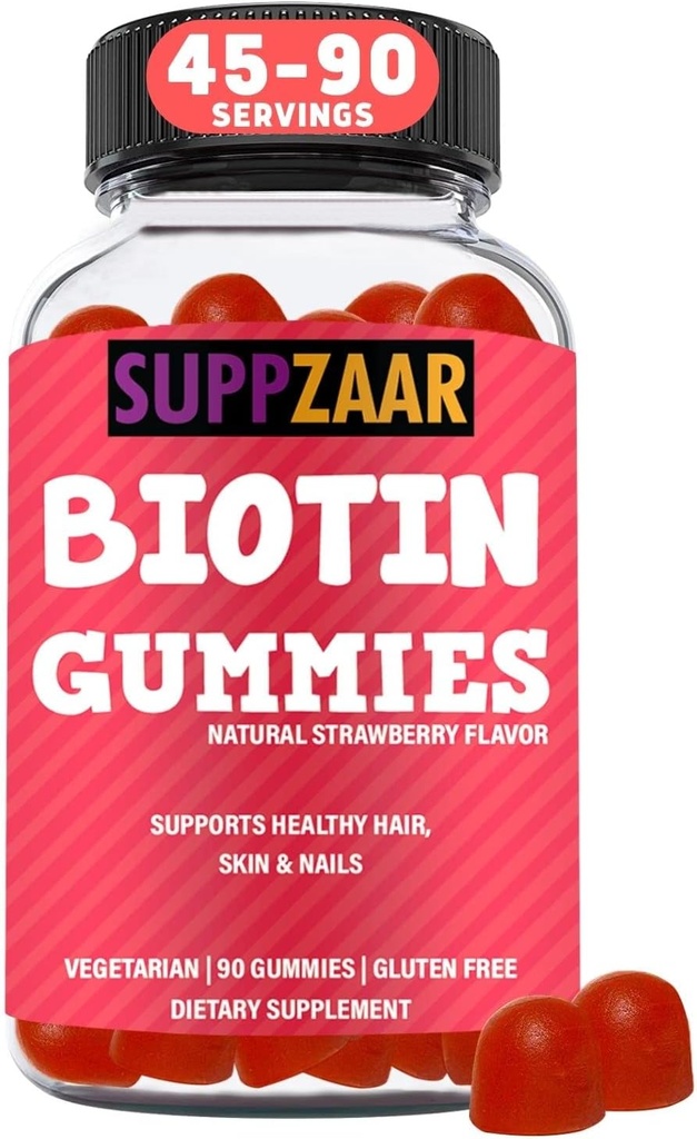 Vegan Biotin Gummies - 여성 및 남성을위한 헤어 성장을위한 비타민 - 헤어 피부와 손톱 비타민 - 딸기 풍미 거미 비타민 - 비 GMO, 젤라틴 & 글루텐 - 무료, 90 구미 - SUPPZAAR
