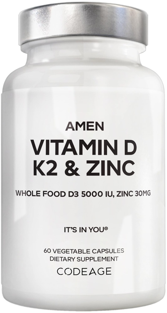 Amen 비타민 D, K2 & 아연, Cholecalciferol D3 5000 IU의 애플, 블루 베리, 크랜베리, 엘더 베리 분말 과일, Vegan 보충, D3 K2 비타민, 비 GMO - 60 캡슐을 가진 유기 전체적인 음식 혼합