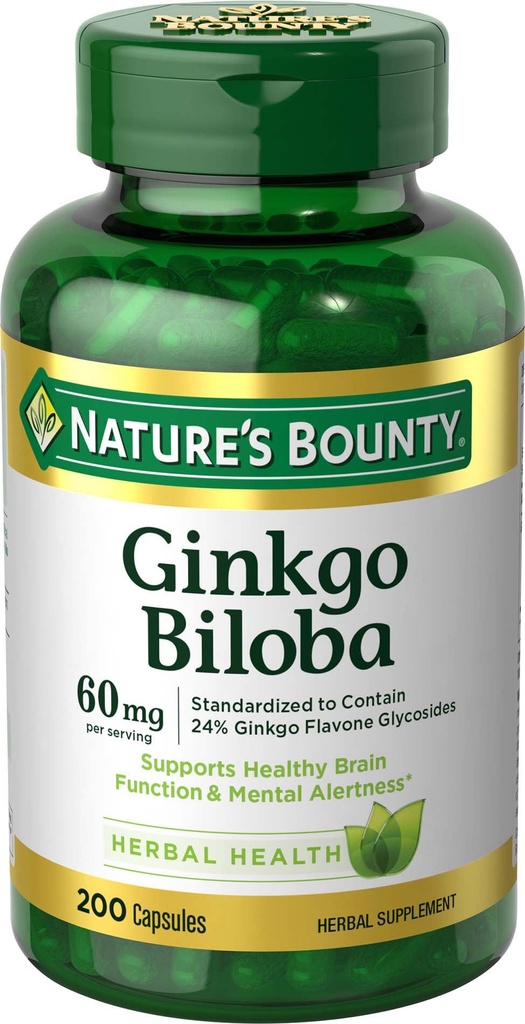 Nature's Bounty Ginkgo Biloba, 건강한 뇌 기능, 초본 보충교재, 60 Mg, 200의 캡슐을 지원합니다