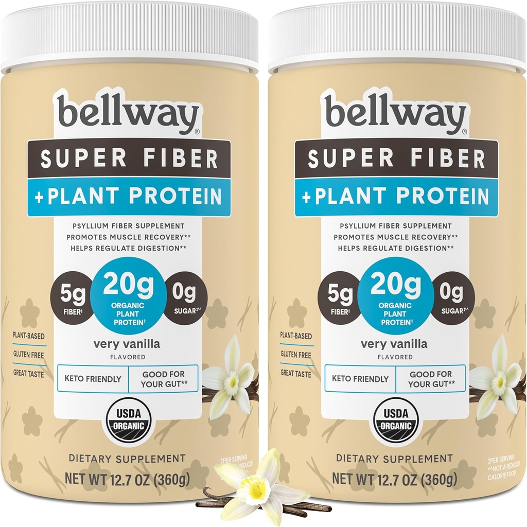 Bellway 슈퍼 섬유 + 단백질 분말 (2 팩), 설탕 자유로운 유기 Psyllium Husk 섬유 보충 분말 20g 식물 단백질을 가진, 아주 바닐라, 24.14 oz