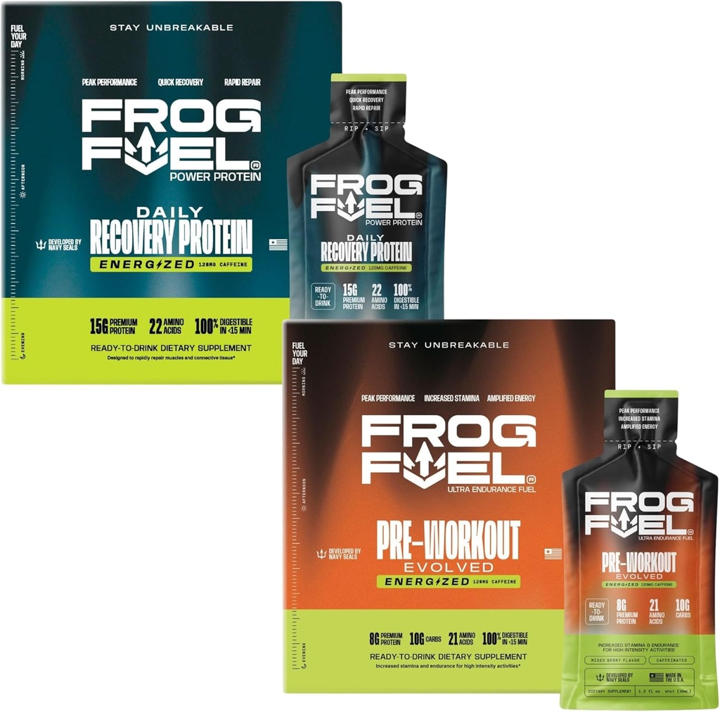 Frog 연료 전력 Energized Protein & Ultra Energized Pre Workout Shot Bundle, 1500mg Beta Alanine, 15g Protein Nano-Hydrolyzed Grass Fed Collagen, Pre & Post Workout, 1.2 oz Packets, 48 팩